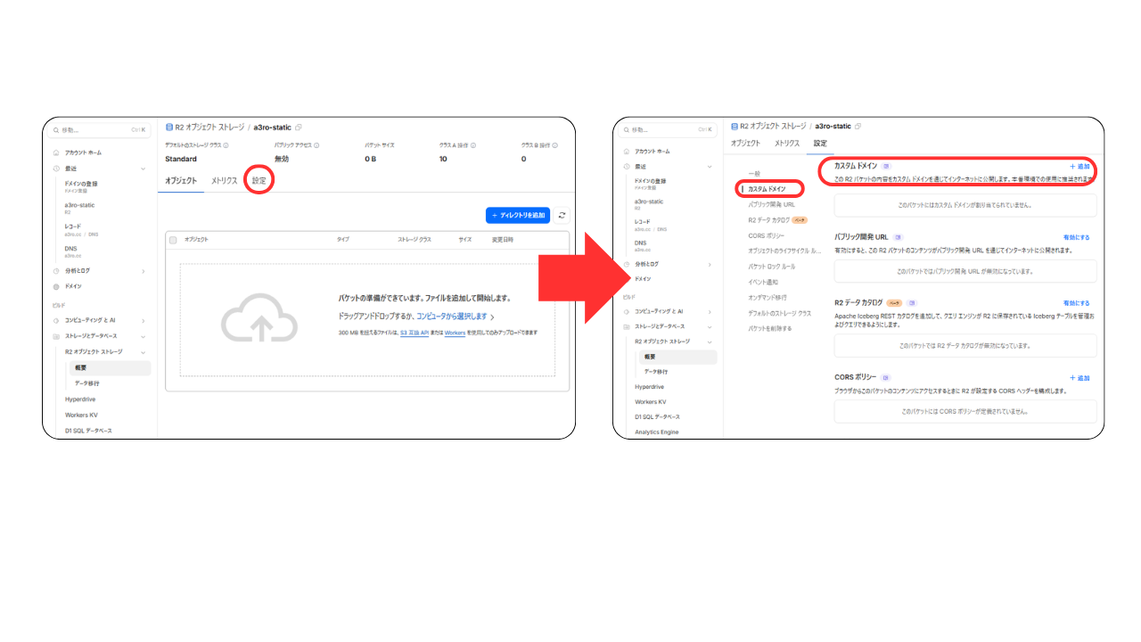 R2バケットの設定画面:『公開アクセス』セクションにある『カスタムドメイン』を探す R2バケットの設定画面:『公開アクセス』セクションにある『カスタムドメイン』を探す
